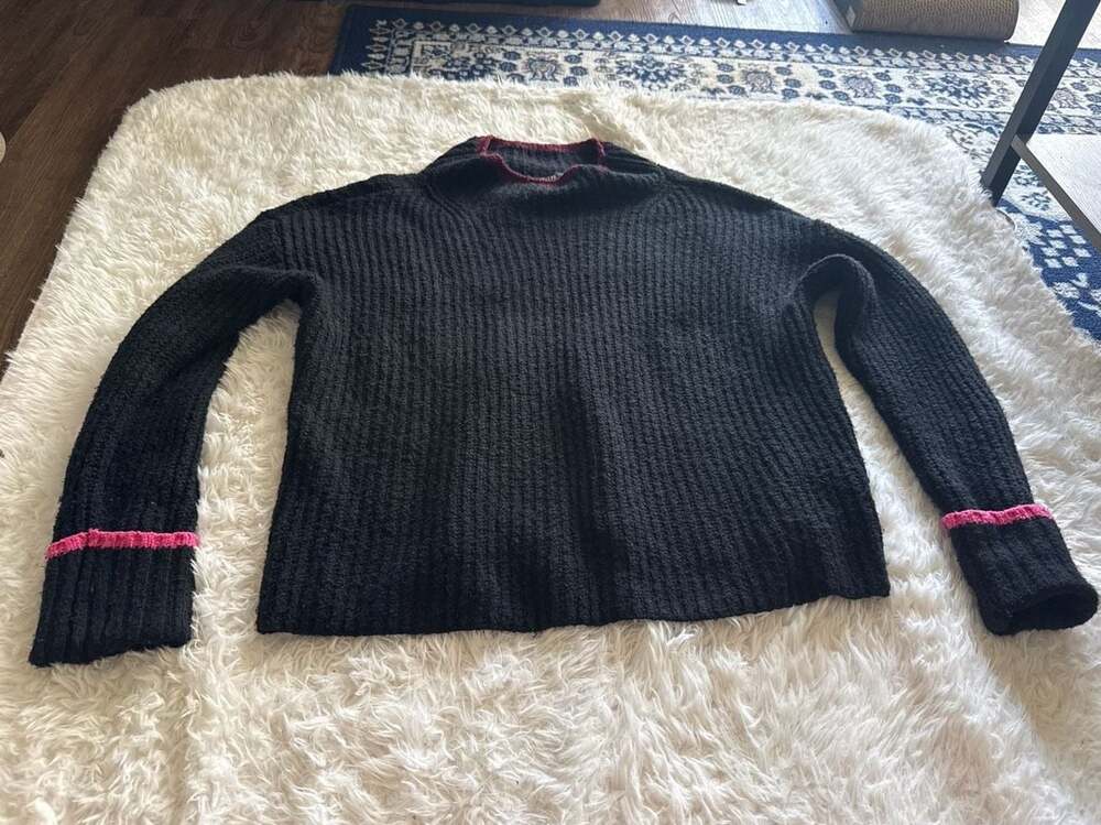 Maeve by Anthropologie Black Ribbed Knit Mock Neck Sweater with Pink Contrast Tr